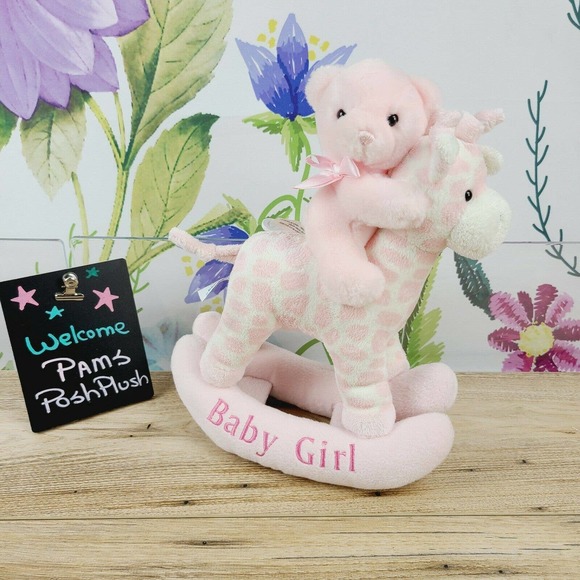 Aurora Baby Girl Plush Giraffe Bear Rocking Horse Musical Wind Up Toy Lovey Pink - Picture 1 of 5